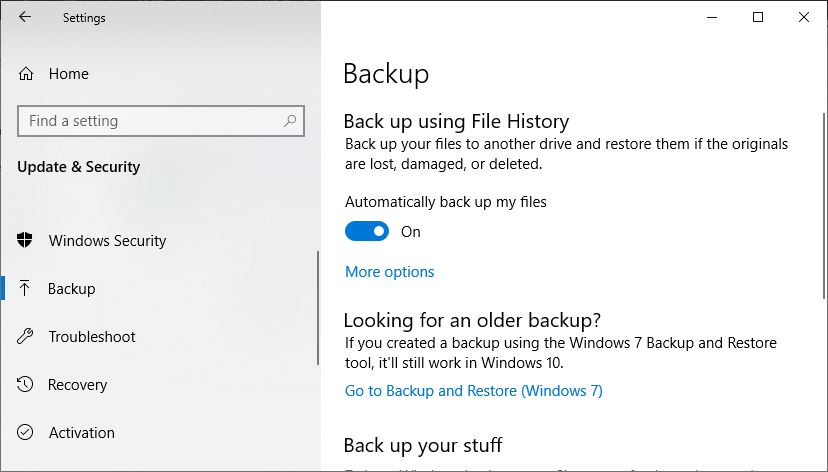 Back up files Windows 10